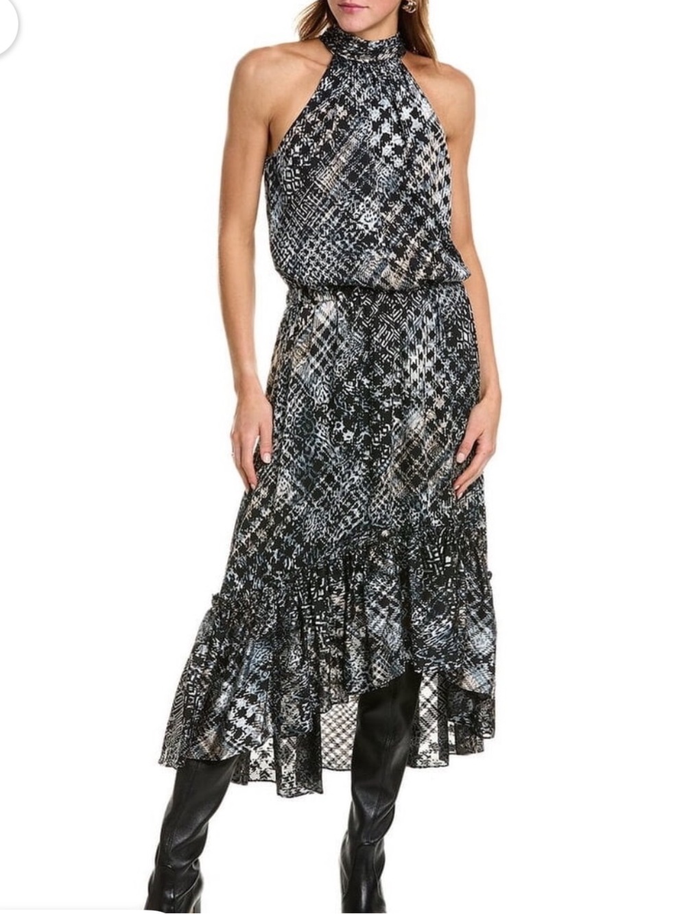 NWT Ramy Brook Black & White Patterned Halter Maxi Dress